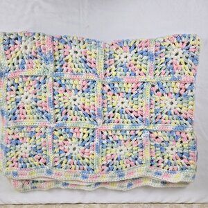Handmade Crochet Granny Square Baby Blanket Yellow Green Pink Blue White